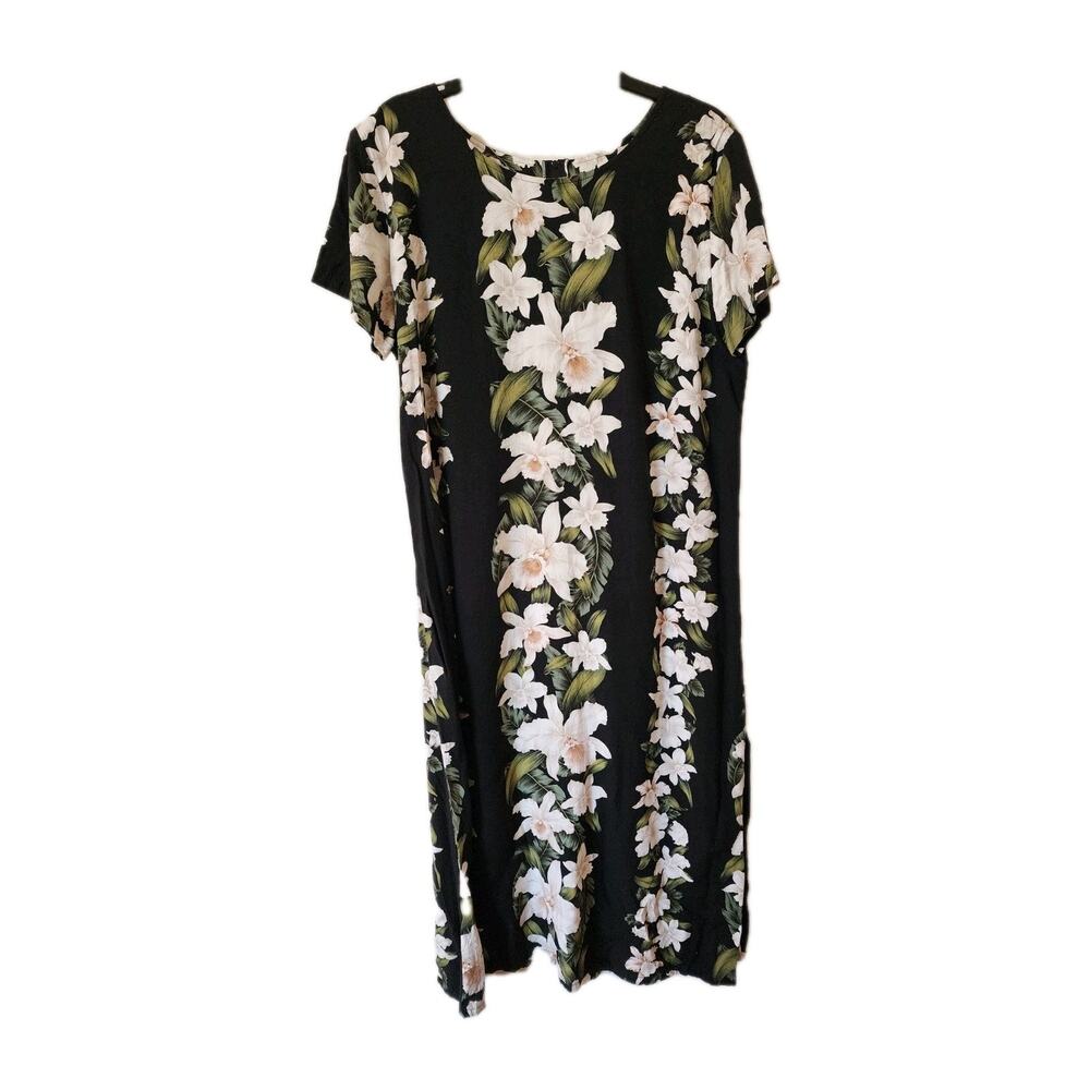 HAWAIIAN RESERVE COLLECTION 90s Rayon Aloha Maxi dress XL Black White Orchid USA